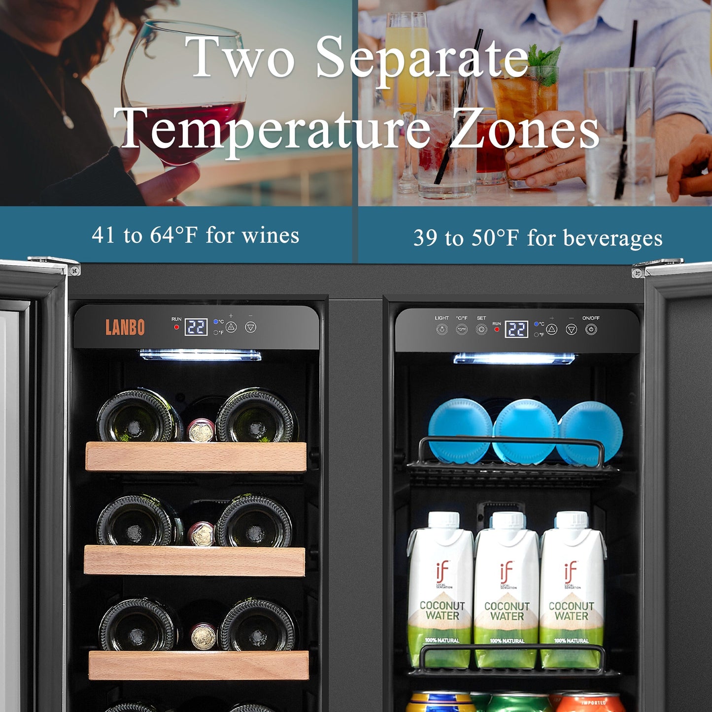 Lanbo Réfrigérateur à vin et à boissons de 24 pouces à double zone, 18 bouteilles et 55 canettes, en acier inoxydable et verre avec porte à la française