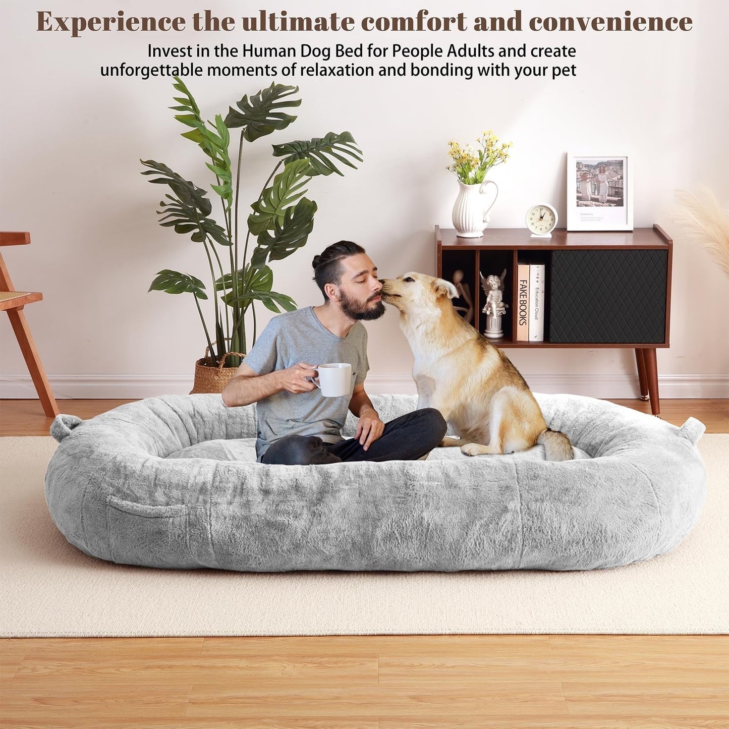 Grand lit pour chien, lit lavable de taille humaine avec housse amovible.