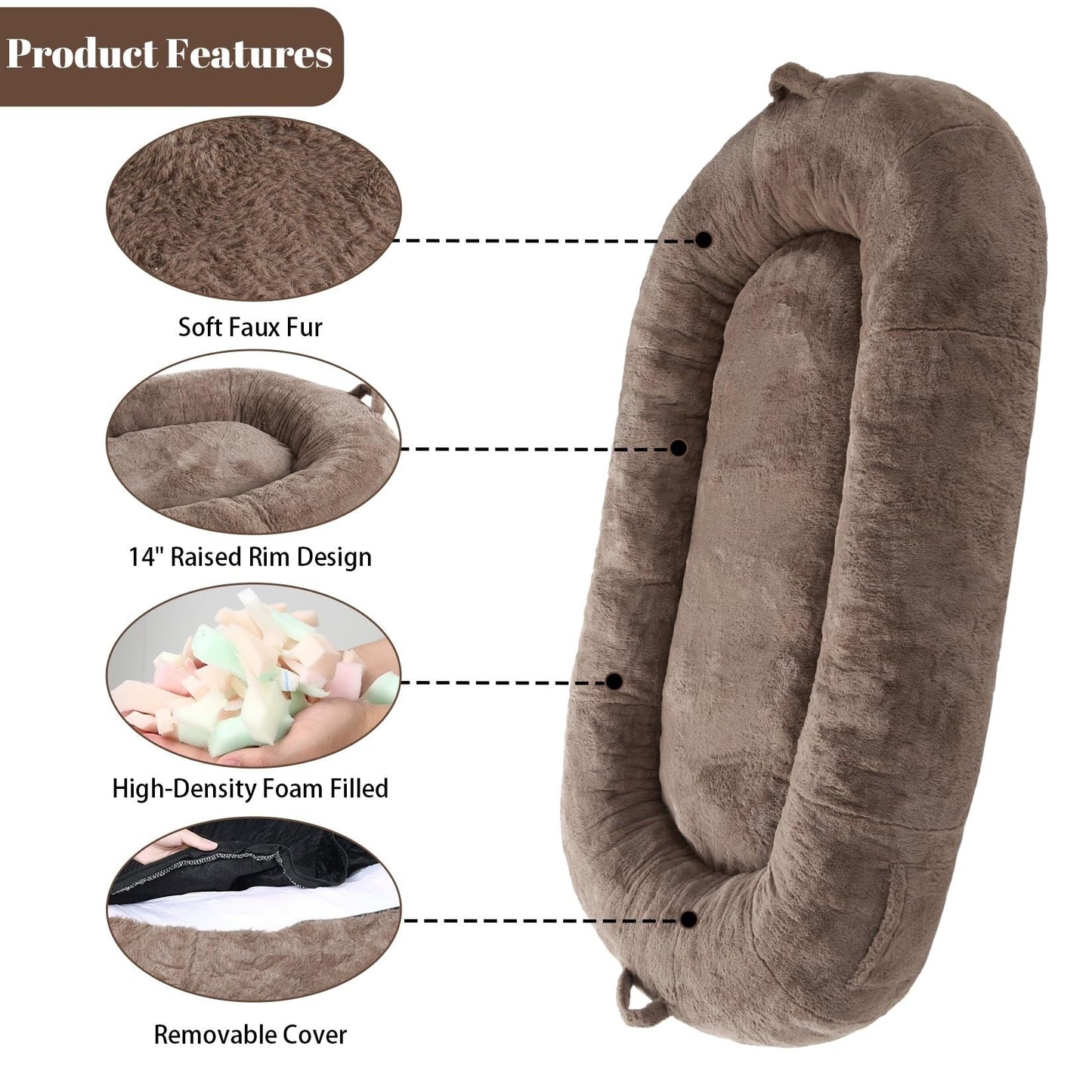 Grand lit pour chien, lit lavable de taille humaine avec housse amovible.