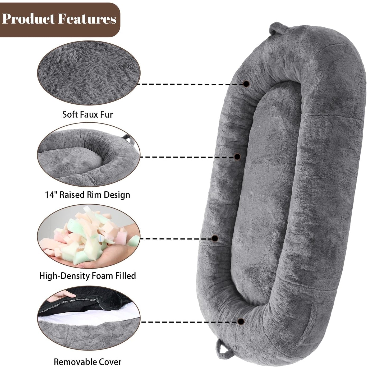 Grand lit pour chien, lit lavable de taille humaine avec housse amovible.