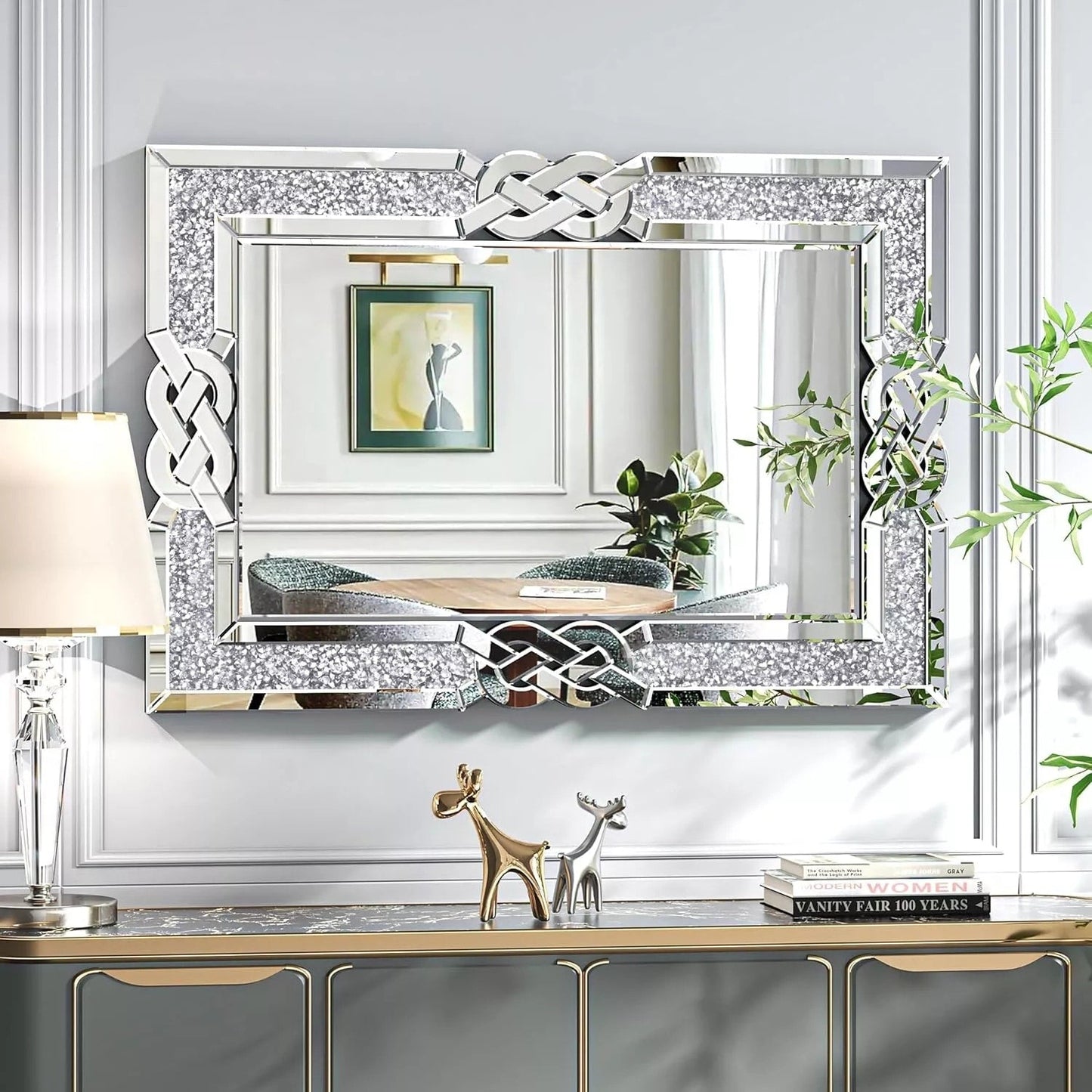 Grand miroir mural rectangulaire à facettes avec perles de cristal, à assembler.