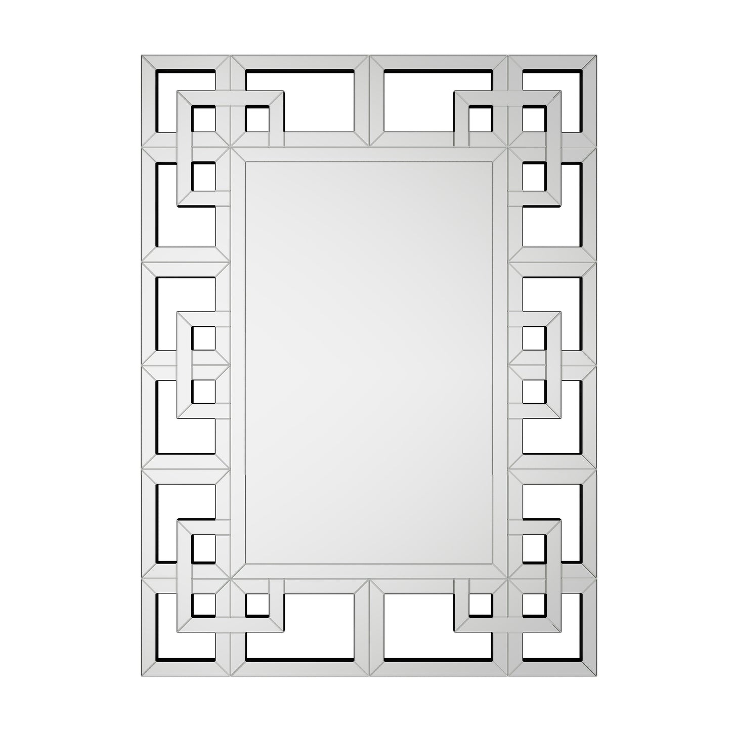 Grand miroir décoratif mural avec cadre géométrique argenté.