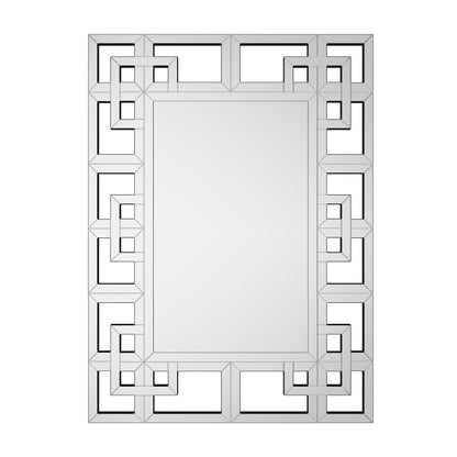 Grand miroir décoratif mural avec cadre géométrique argenté.