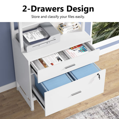 Armoire à dossiers avec 2 tiroirs, meuble de rangement moderne avec support d'imprimante et verrouillage