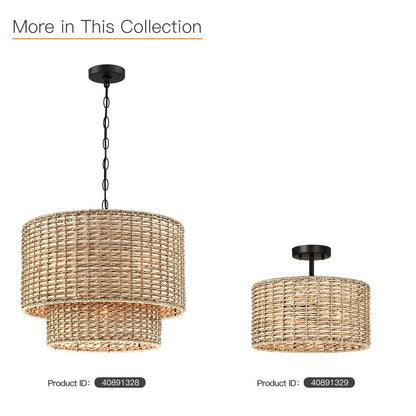 Luminaire à suspension à plusieurs niveaux en rotin Lennie, 4 lumières, 50 cm (20 po), avec abat-jour noir - 50 cm (20 po) L - 50 cm (20 po) L