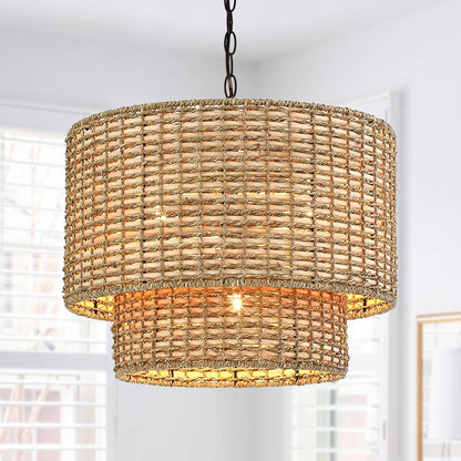 Luminaire à suspension à plusieurs niveaux en rotin Lennie, 4 lumières, 50 cm (20 po), avec abat-jour noir - 50 cm (20 po) L - 50 cm (20 po) L