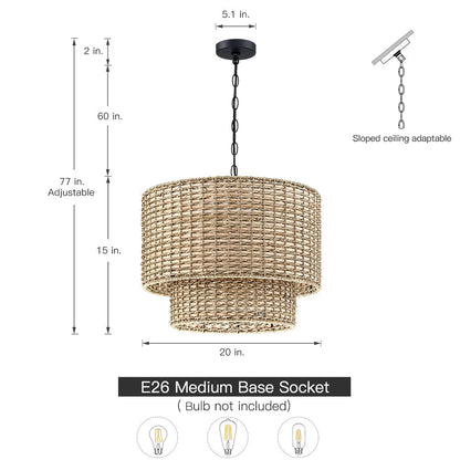 Luminaire à suspension à plusieurs niveaux en rotin Lennie, 4 lumières, 50 cm (20 po), avec abat-jour noir - 50 cm (20 po) L - 50 cm (20 po) L
