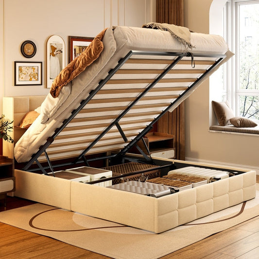 Cadre de lit coffre relevable, cadre de lit plateforme capitonné avec système de rangement hydraulique et tête de lit.