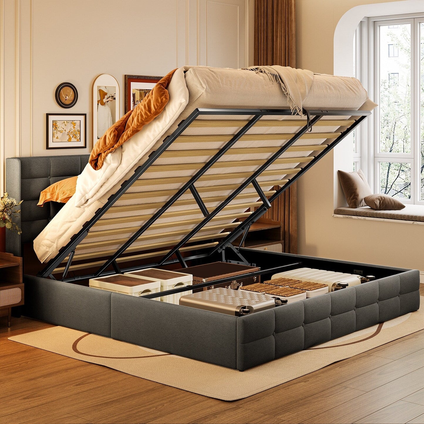 Cadre de lit coffre relevable, cadre de lit plateforme capitonné avec système de rangement hydraulique et tête de lit.