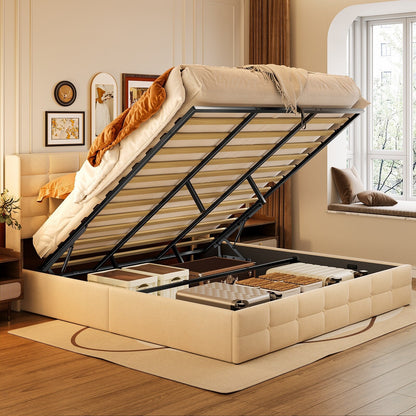 Cadre de lit coffre relevable, cadre de lit plateforme capitonné avec système de rangement hydraulique et tête de lit.