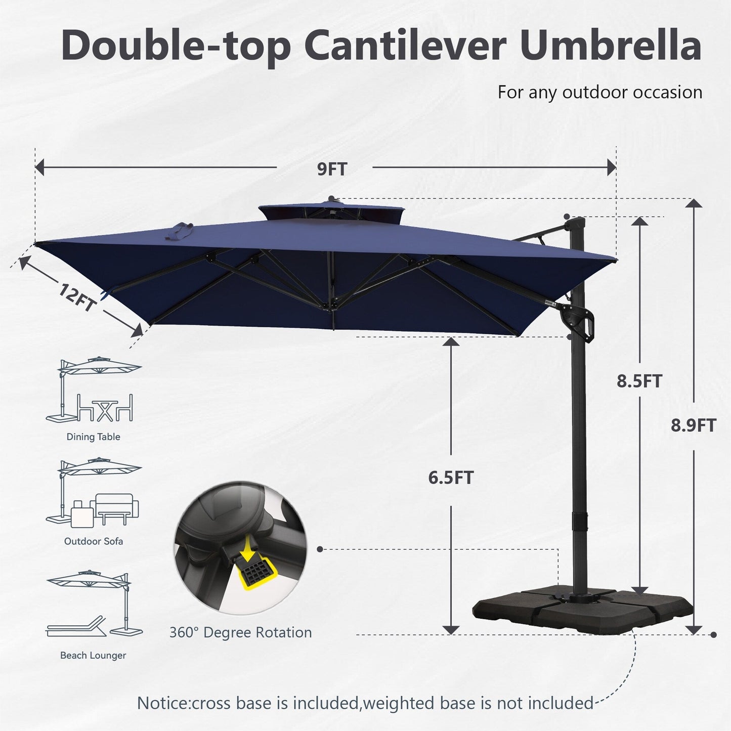 Parasol à baldaquin automatique à levier hydraulique de 3,6 m (12 pieds) MAISON ARTS avec pied en aluminium et rotation à 360 degrés