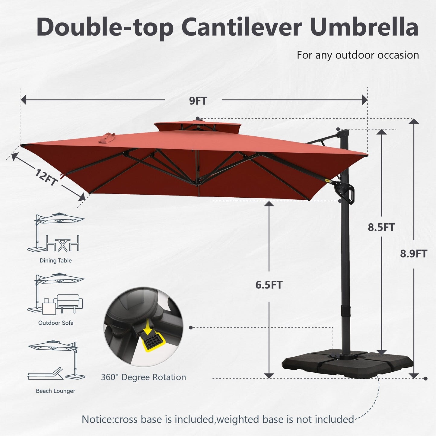 Parasol à baldaquin automatique à levier hydraulique de 3,6 m (12 pieds) MAISON ARTS avec pied en aluminium et rotation à 360 degrés