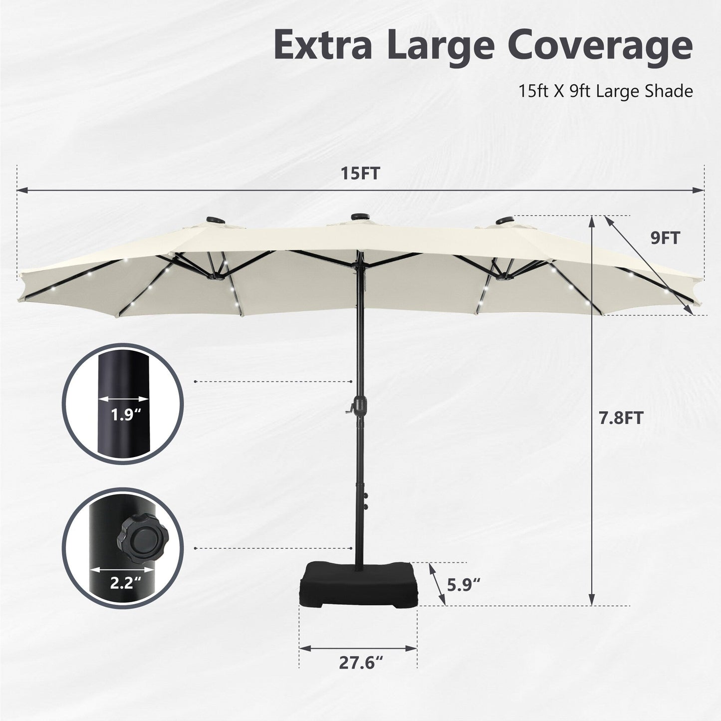 Parasol de jardin rectangulaire MAISON ARTS de 4,5 mètres, à manivelle, double face, avec éclairage solaire LED, pour terrasse, avec socle inclus.