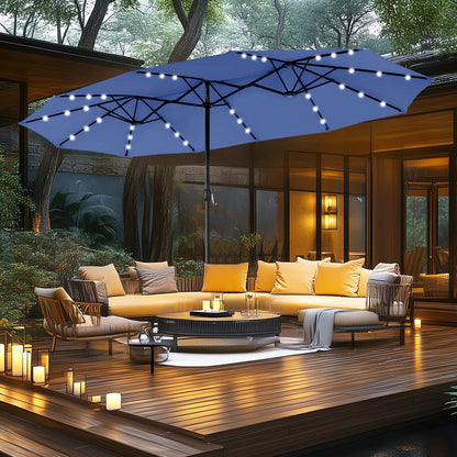 Parasol de jardin rectangulaire MAISON ARTS de 4,5 mètres, à manivelle, double face, avec éclairage solaire LED, pour terrasse, avec socle inclus.