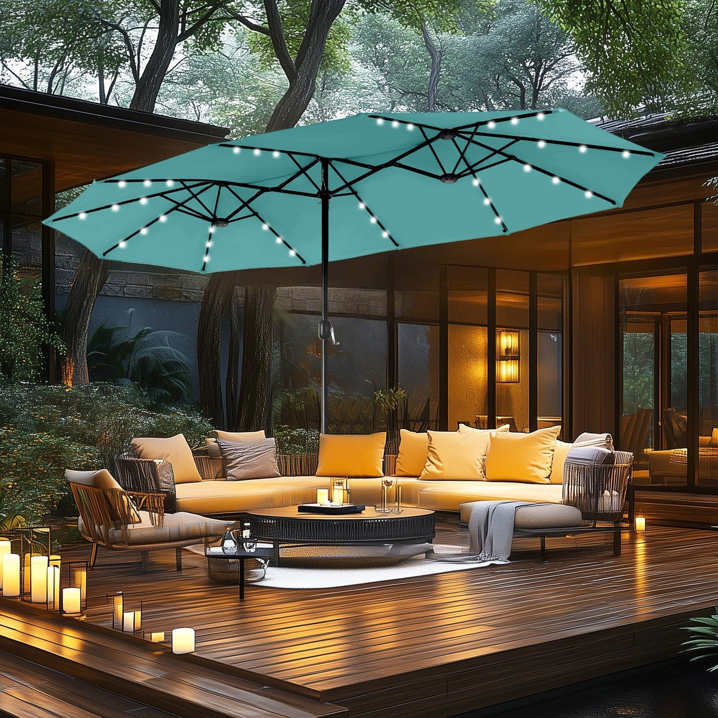 Parasol de jardin rectangulaire MAISON ARTS de 4,5 mètres, à manivelle, double face, avec éclairage solaire LED, pour terrasse, avec socle inclus.