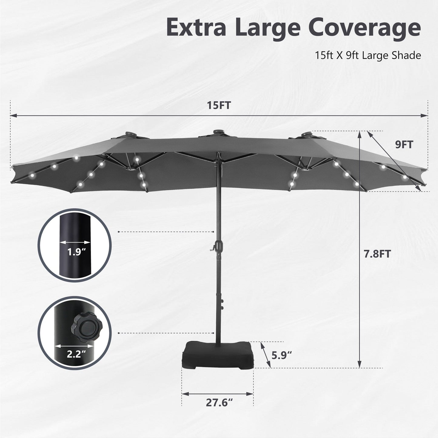 Parasol de jardin rectangulaire MAISON ARTS de 4,5 mètres, à manivelle, double face, avec éclairage solaire LED, pour terrasse, avec socle inclus.