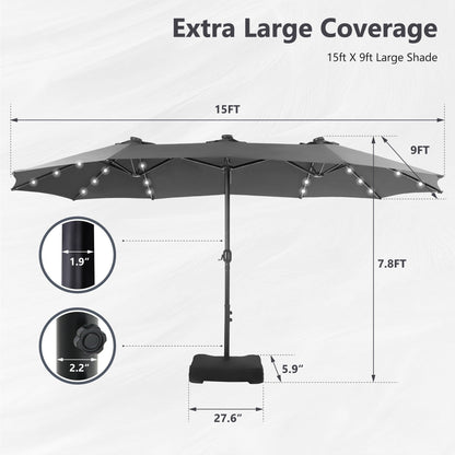 Parasol de jardin rectangulaire MAISON ARTS de 4,5 mètres, à manivelle, double face, avec éclairage solaire LED, pour terrasse, avec socle inclus.