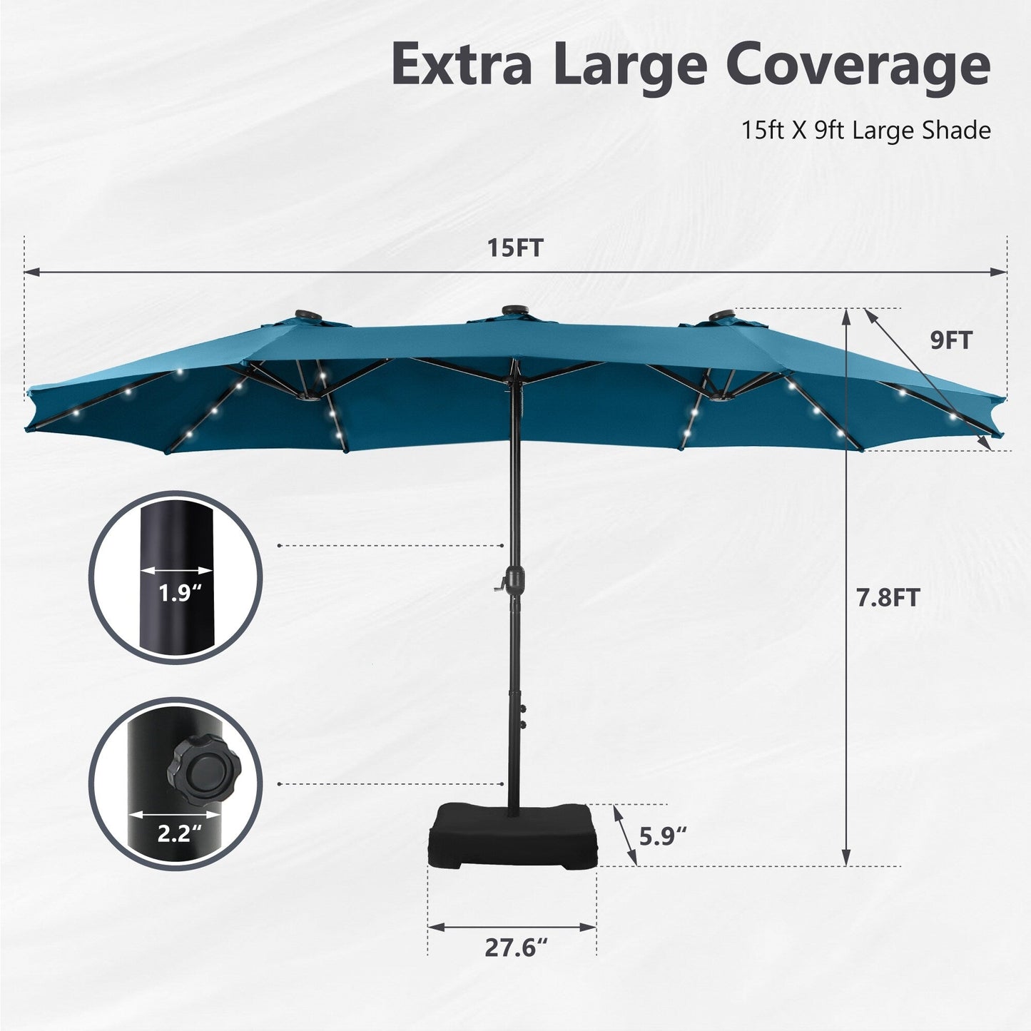 Parasol de jardin rectangulaire MAISON ARTS de 4,5 mètres, à manivelle, double face, avec éclairage solaire LED, pour terrasse, avec socle inclus.
