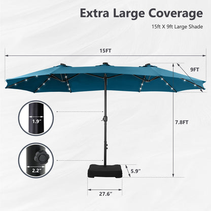 Parasol de jardin rectangulaire MAISON ARTS de 4,5 mètres, à manivelle, double face, avec éclairage solaire LED, pour terrasse, avec socle inclus.