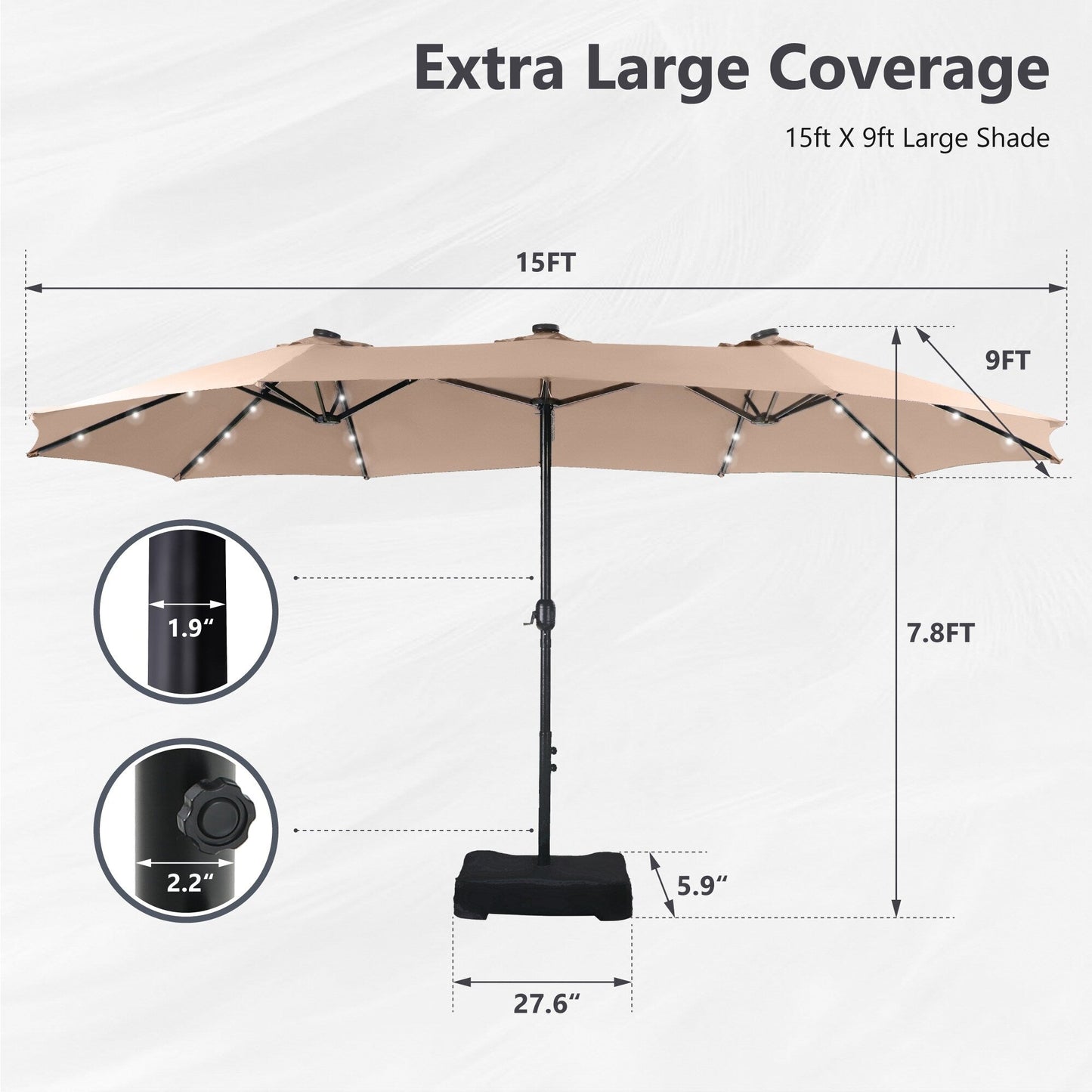 Parasol de jardin rectangulaire MAISON ARTS de 4,5 mètres, à manivelle, double face, avec éclairage solaire LED, pour terrasse, avec socle inclus.