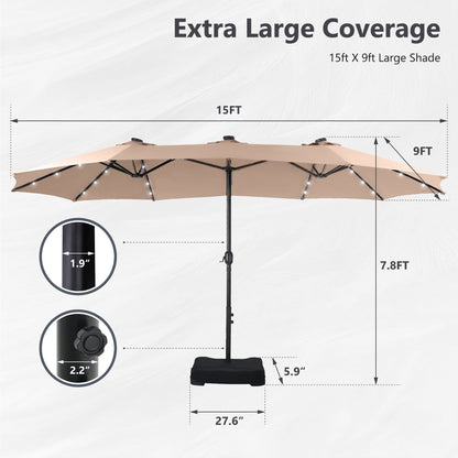 Parasol de jardin rectangulaire MAISON ARTS de 4,5 mètres, à manivelle, double face, avec éclairage solaire LED, pour terrasse, avec socle inclus.