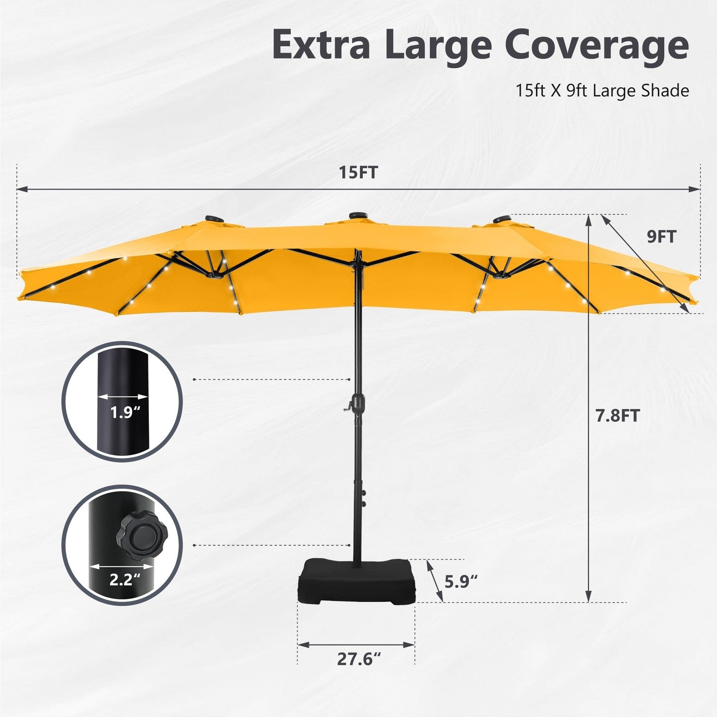 Parasol de jardin rectangulaire MAISON ARTS de 4,5 mètres, à manivelle, double face, avec éclairage solaire LED, pour terrasse, avec socle inclus.