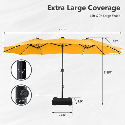 Parasol de jardin rectangulaire MAISON ARTS de 4,5 mètres, à manivelle, double face, avec éclairage solaire LED, pour terrasse, avec socle inclus.