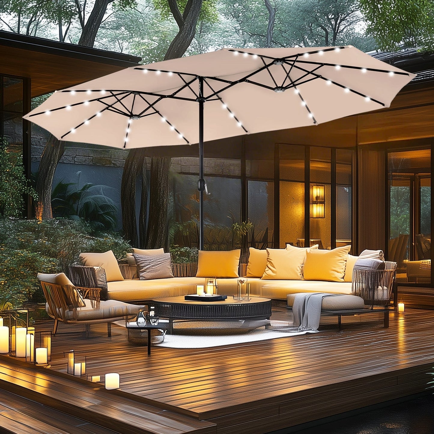 Parasol de jardin rectangulaire MAISON ARTS de 4,5 mètres, à manivelle, double face, avec éclairage solaire LED, pour terrasse, avec socle inclus.