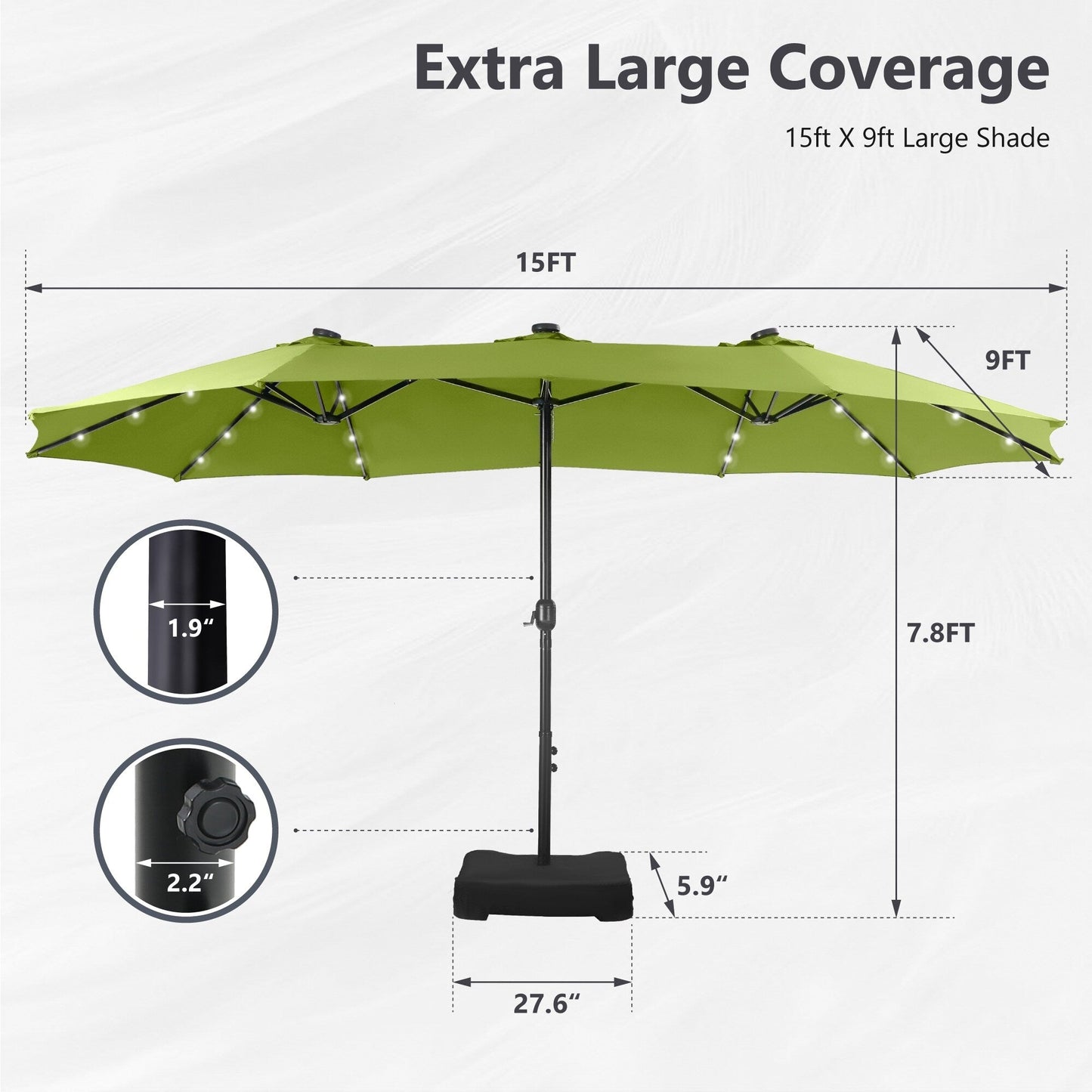 Parasol de jardin rectangulaire MAISON ARTS de 4,5 mètres, à manivelle, double face, avec éclairage solaire LED, pour terrasse, avec socle inclus.