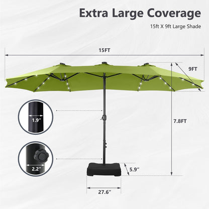 Parasol de jardin rectangulaire MAISON ARTS de 4,5 mètres, à manivelle, double face, avec éclairage solaire LED, pour terrasse, avec socle inclus.