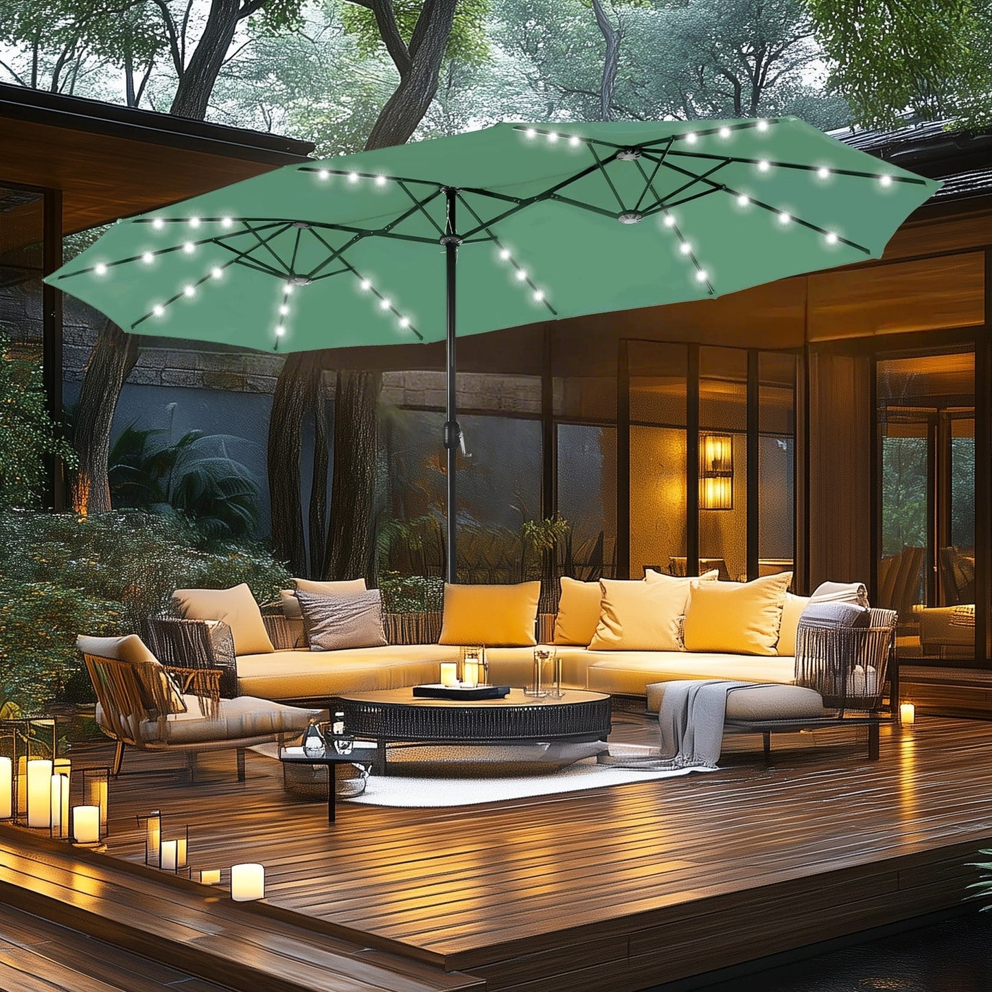 Parasol de jardin rectangulaire MAISON ARTS de 4,5 mètres, à manivelle, double face, avec éclairage solaire LED, pour terrasse, avec socle inclus.