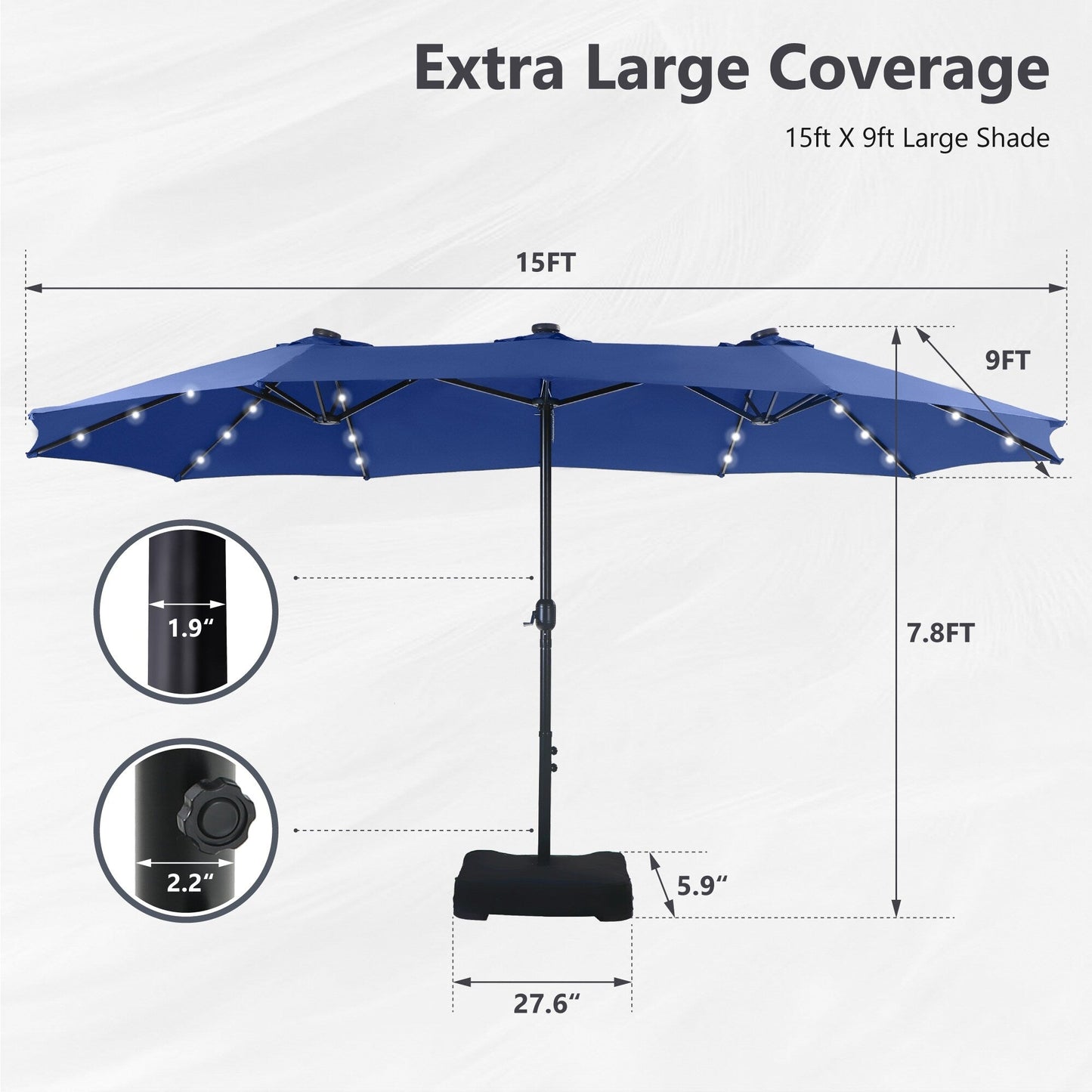 Parasol de jardin rectangulaire MAISON ARTS de 4,5 mètres, à manivelle, double face, avec éclairage solaire LED, pour terrasse, avec socle inclus.