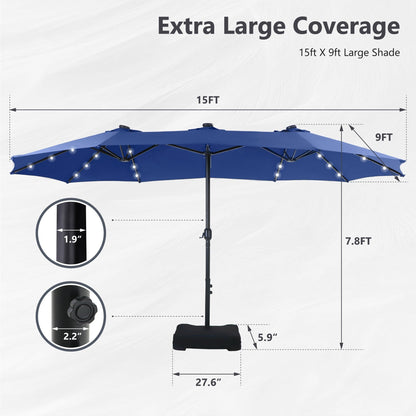 Parasol de jardin rectangulaire MAISON ARTS de 4,5 mètres, à manivelle, double face, avec éclairage solaire LED, pour terrasse, avec socle inclus.