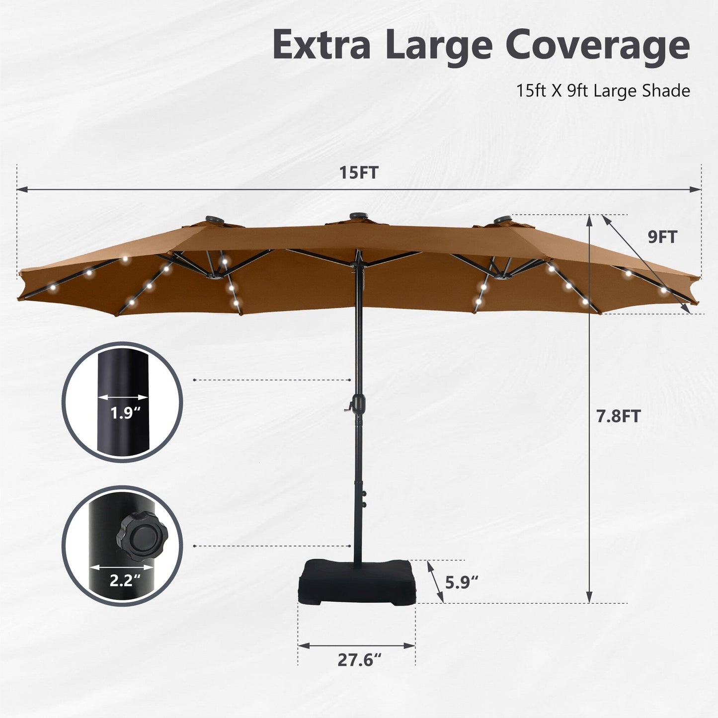 Parasol de jardin rectangulaire MAISON ARTS de 4,5 mètres, à manivelle, double face, avec éclairage solaire LED, pour terrasse, avec socle inclus.