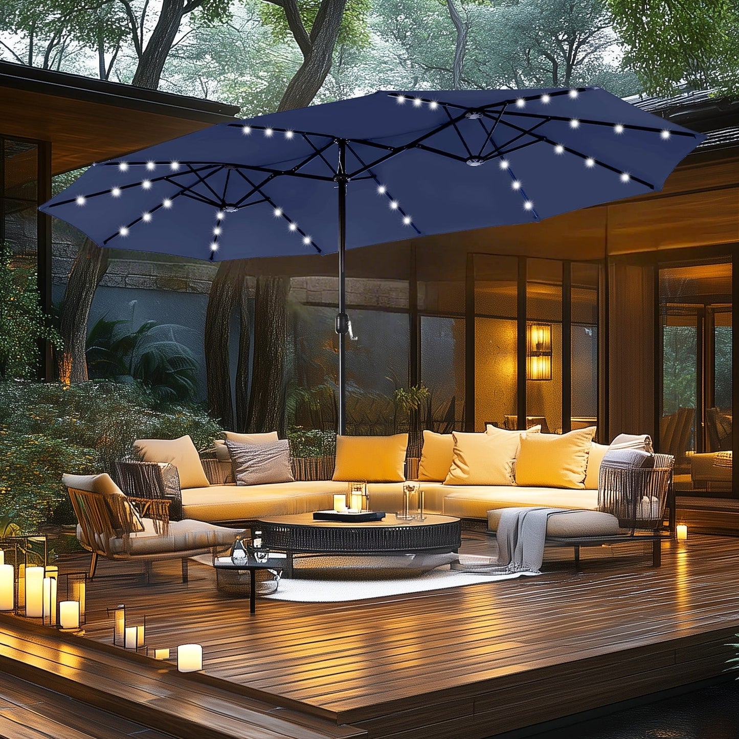 Parasol de jardin rectangulaire MAISON ARTS de 4,5 mètres, à manivelle, double face, avec éclairage solaire LED, pour terrasse, avec socle inclus.