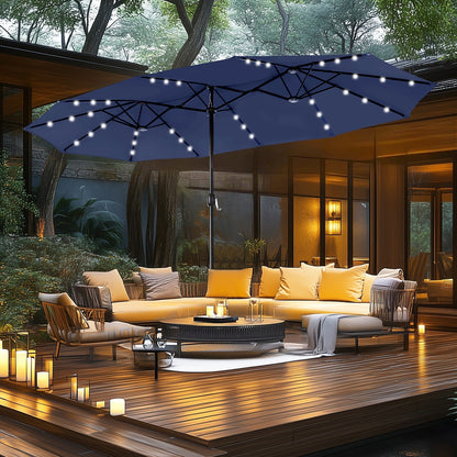 Parasol de jardin rectangulaire MAISON ARTS de 4,5 mètres, à manivelle, double face, avec éclairage solaire LED, pour terrasse, avec socle inclus.