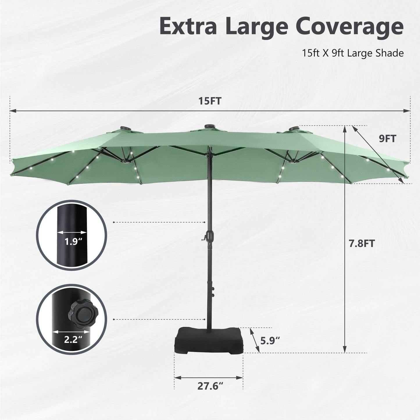 Parasol de jardin rectangulaire MAISON ARTS de 4,5 mètres, à manivelle, double face, avec éclairage solaire LED, pour terrasse, avec socle inclus.