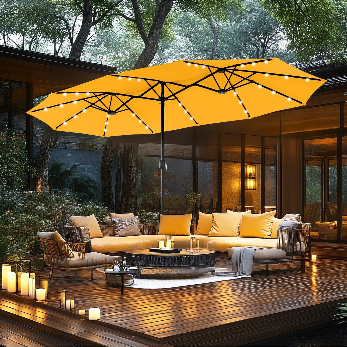 Parasol de jardin rectangulaire MAISON ARTS de 4,5 mètres, à manivelle, double face, avec éclairage solaire LED, pour terrasse, avec socle inclus.