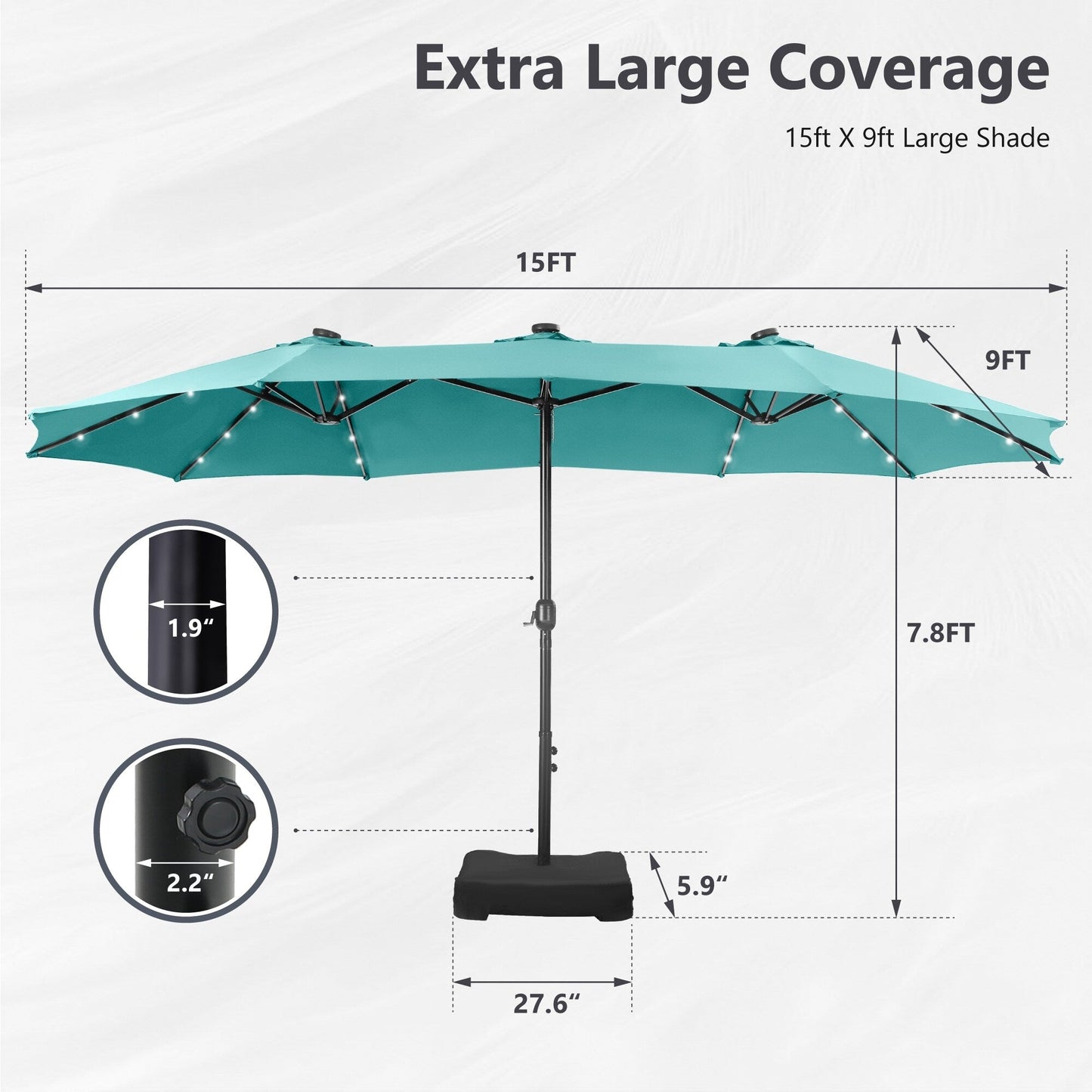 Parasol de jardin rectangulaire MAISON ARTS de 4,5 mètres, à manivelle, double face, avec éclairage solaire LED, pour terrasse, avec socle inclus.