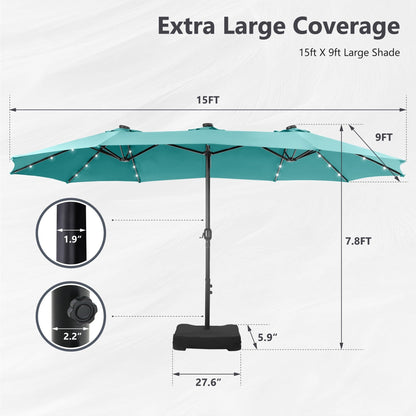 Parasol de jardin rectangulaire MAISON ARTS de 4,5 mètres, à manivelle, double face, avec éclairage solaire LED, pour terrasse, avec socle inclus.
