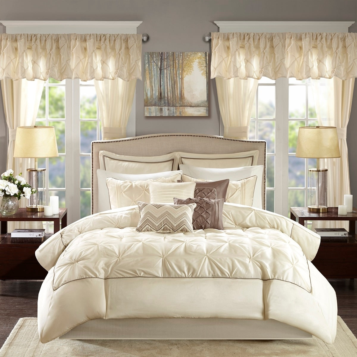 Madison Park Essentials Loretta, ensemble de 24 pièces pour chambre à coucher avec panneaux de fenêtre et ensemble de draps