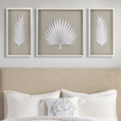 Ensemble de 3 cadres muraux décoratifs en papier de riz avec feuilles de palmier, style Shadowbox, fait à la main, modèle Sabal de Madison Park.