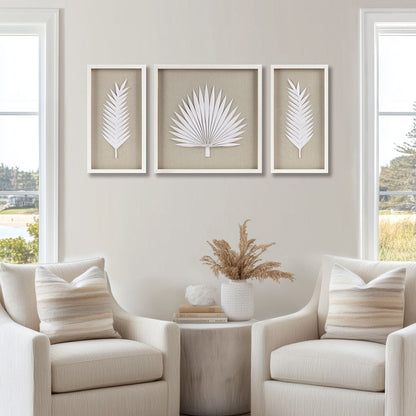 Ensemble de 3 cadres muraux décoratifs en papier de riz avec feuilles de palmier, style Shadowbox, fait à la main, modèle Sabal de Madison Park.
