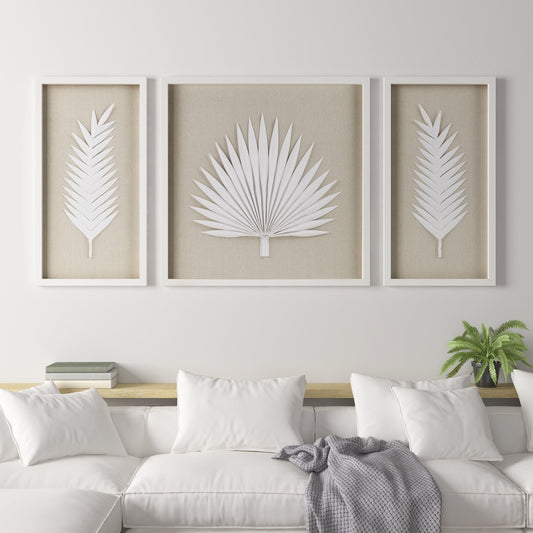 Ensemble de 3 cadres muraux décoratifs en papier de riz avec feuilles de palmier, style Shadowbox, fait à la main, modèle Sabal de Madison Park.