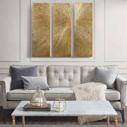 Ensemble de 3 panneaux muraux en résine multidimensionnelle, triptyque à rayons de soleil peints à la main, Madison Park Signature.