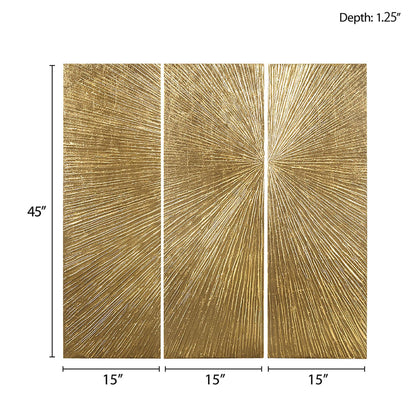 Ensemble de 3 panneaux muraux en résine multidimensionnelle, triptyque à rayons de soleil peints à la main, Madison Park Signature.