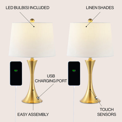 Makena 22.75 Lampe de chevet moderne et élégante en forme de sablier en fer avec port de charge USB, (lot de 2) par JONATHAN Y