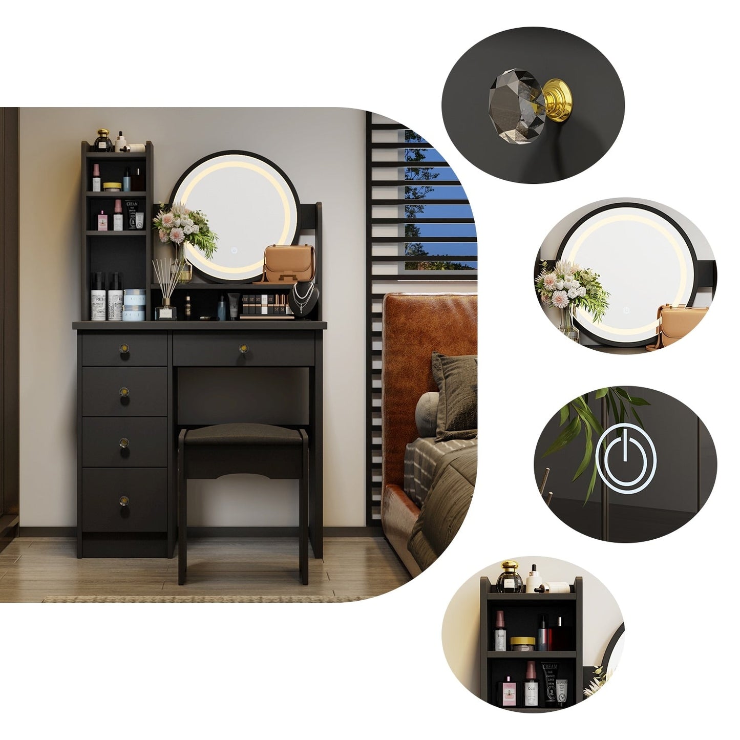 Ensemble coiffeuse avec miroir à écran tactile et tabouret
