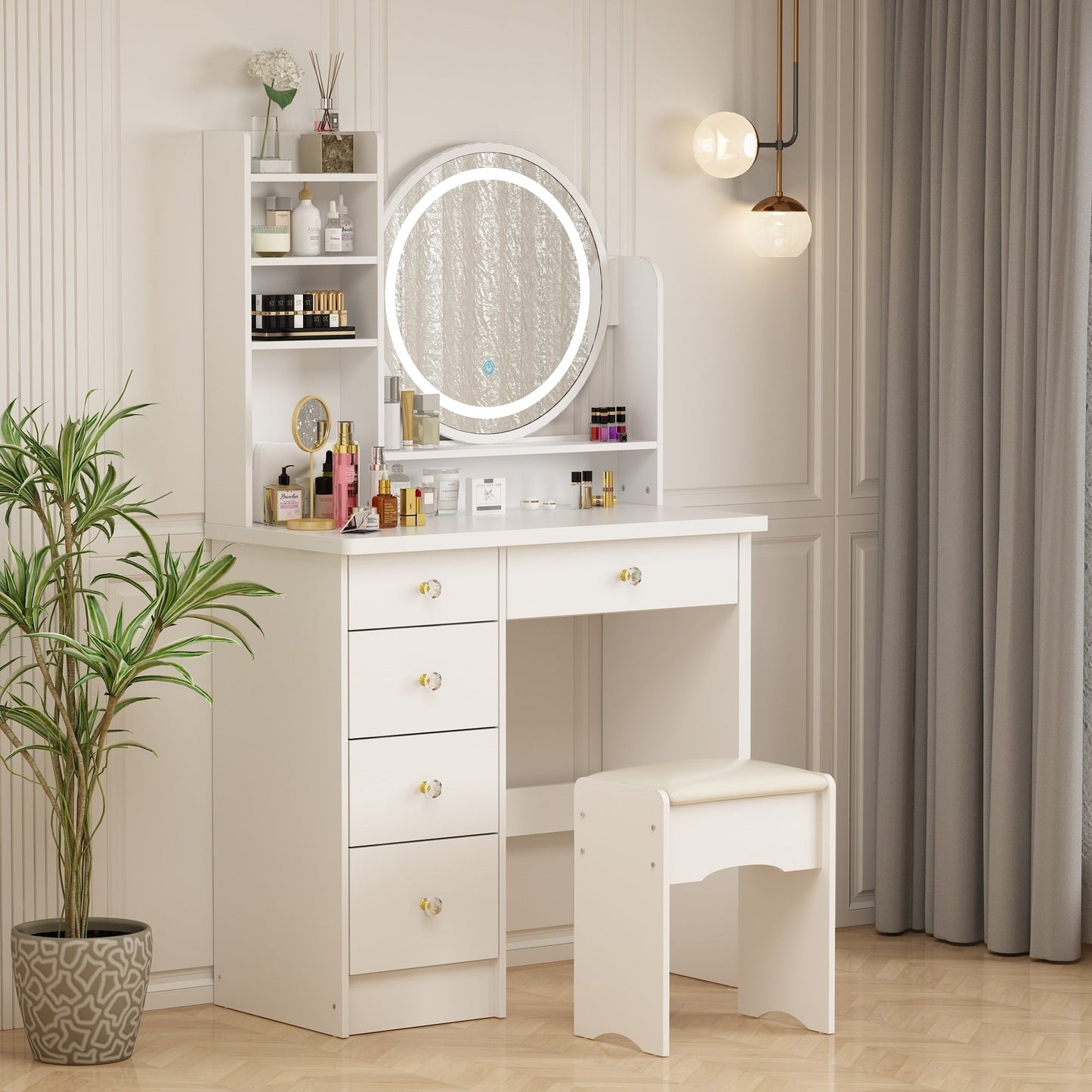 Ensemble coiffeuse avec miroir à écran tactile et tabouret