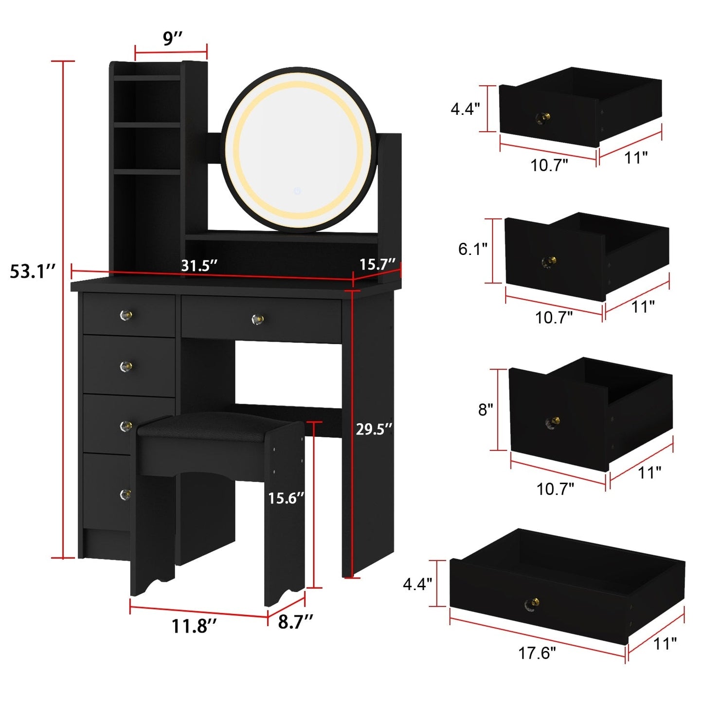 Ensemble coiffeuse avec miroir à écran tactile et tabouret
